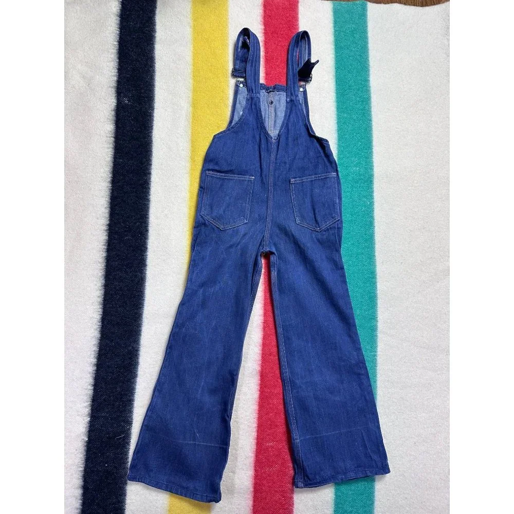 Vintage 1970s Kids Denim Bell Bottom Overalls, Happiness is… Size 8